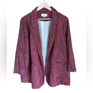 Skies Are Blue Tweed Open Front Lined Blazer Maroon Red 3X